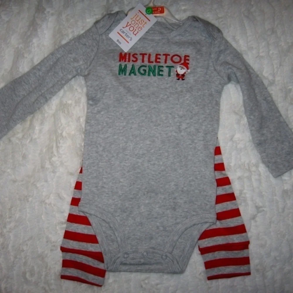 Carter's‎ Baby's 9 Months Christmas Outfit Pants Santa Mistletoe Magnet NWT